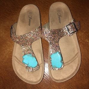 Forever Gold Glitter Turquoise Sandals 7.5